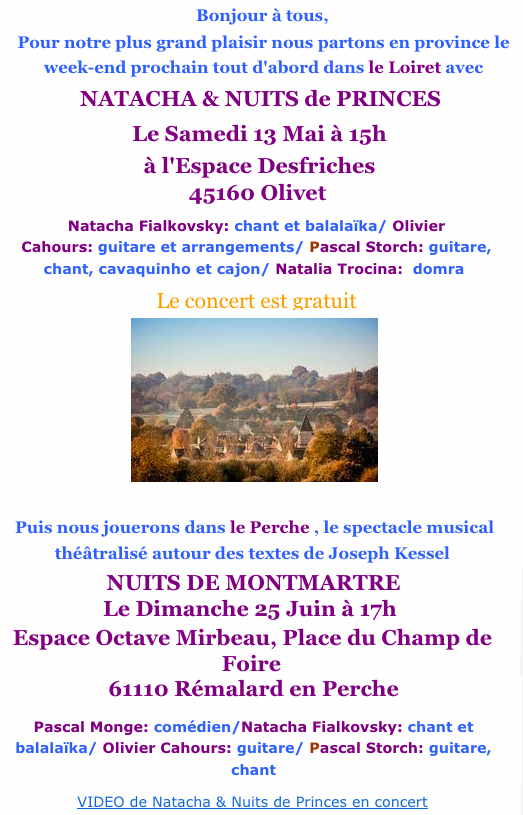 Invitation. Espace Desfriches à Olivet. Heures musicales. Concert Natacha & Nuits de Princes. Natacha Fialkovsky. 2023-05-13